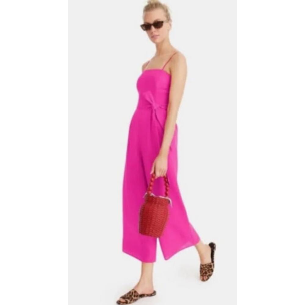 NWT! J.Crew Women Tie Waist Linen Jumpsuit size 16 Hot Pink Square Neck Wide Leg